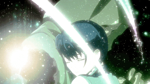 a girl with blue hair is being held by a man in a dark room