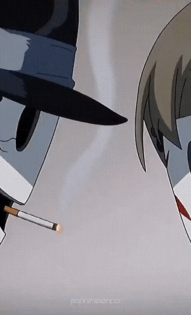 a man in a hat is smoking a cigarette next to a woman with a cigarette in her mouth