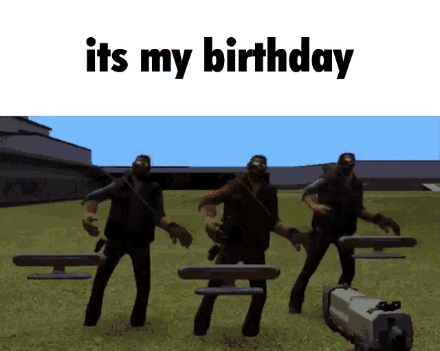a group of men are dancing in a field with the words " it 's my birthday " on the bottom