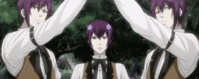 three anime characters with purple hair are standing next to each other with their arms outstretched .