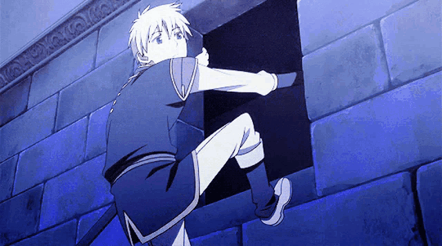 a boy is climbing a brick wall with a knife
