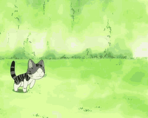 a cartoon cat is laying on its back in a grassy field