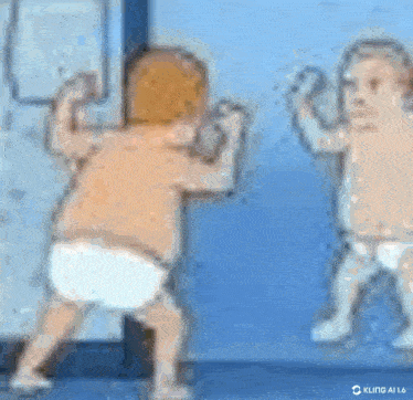 a baby in a diaper is looking at his reflection in the mirror
