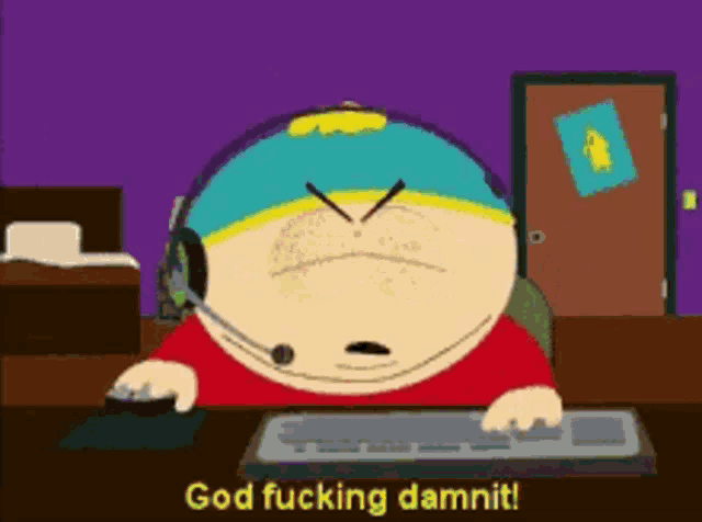 a cartoon character is sitting at a desk with a microphone on his head and says god fucking dammit