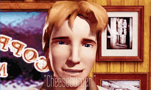 a cartoon character named cheeseburger is smiling in front of a painting