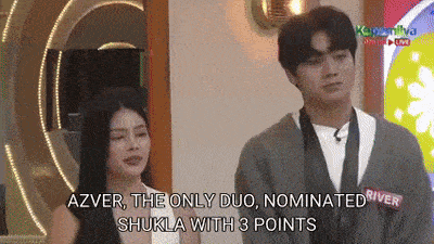 a man and a woman are standing next to each other with the words azver the only duo nominated shukla with 3 points behind them