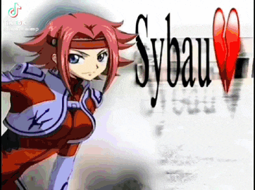 a girl with red hair and blue eyes is standing in front of a white background with the word sybau on it .