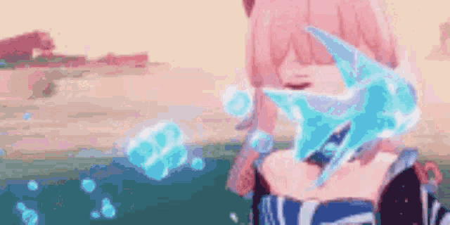 a girl with pink hair is holding a sword in her hand in a game .