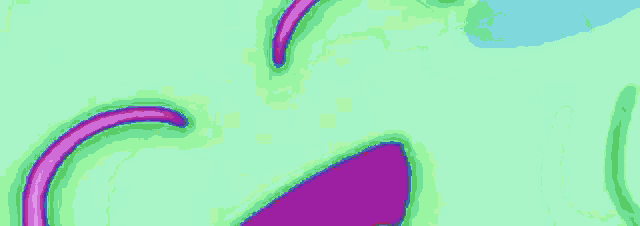 a cartoon character with glowing eyes and a smile on a purple and green background .