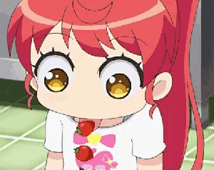 a little girl with red hair is wearing a white shirt with strawberries on it