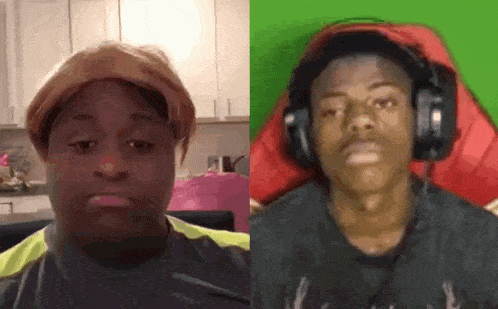 a man wearing a wig and headphones is sitting next to a man wearing a wig and headphones .