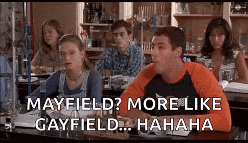 a group of people in a classroom with the words mayfield more like gayfield