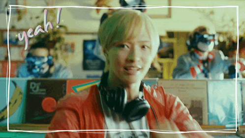 a man wearing headphones says yeah in a drawing