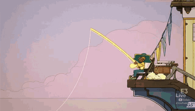 a cartoon drawing of a person fishing with a fishing rod