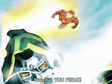 a comic book character is flying through the air with the words watch it you freak below him