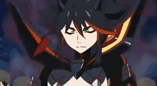 a close up of a cartoon character with a sword in her mouth .