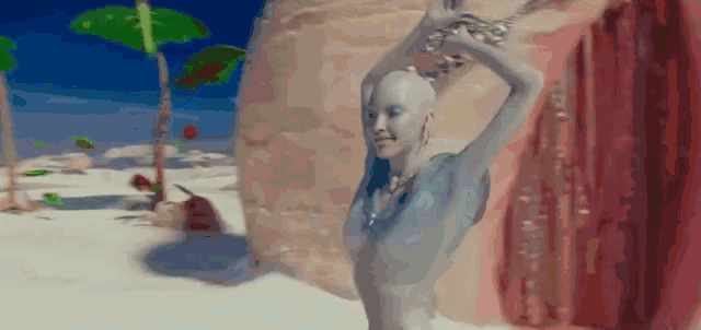 a painting of a woman on a beach with palm trees