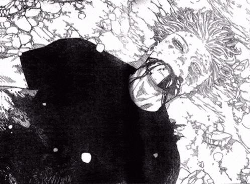 a black and white drawing of a man laying on the ground with blood coming out of his mouth