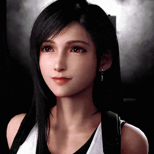 a woman with long black hair and red eyes
