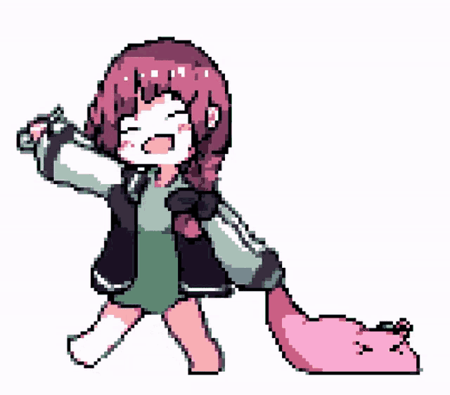 a pixel art of a girl standing next to a pink cat .