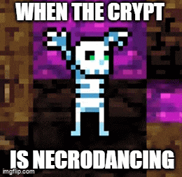 a pixel art of a skeleton with the words " when the crypt is necrodancing " below it