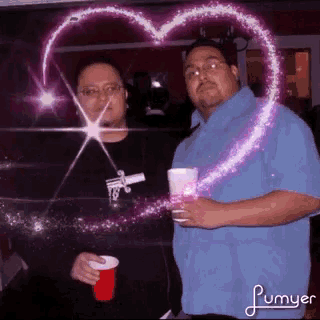 two men standing next to each other with a heart in the background and the word plumyer on the bottom