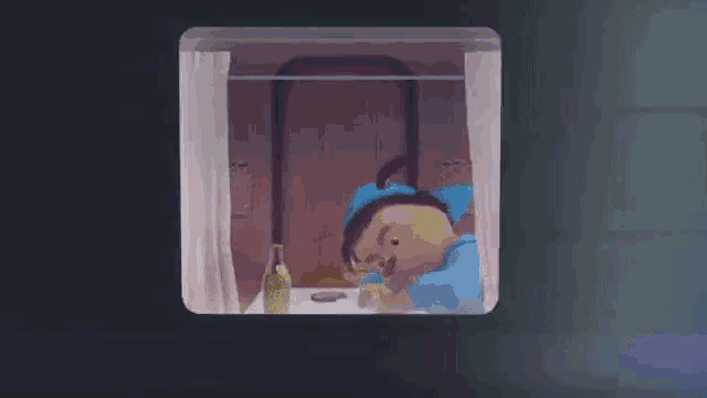 a cartoon character is looking out of a window at a table with a bottle of wine