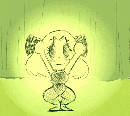 a drawing of a cartoon character standing on a green background