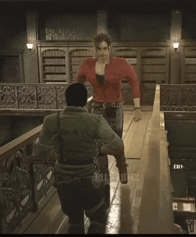 a woman in a red shirt is jumping over a railing in a video game .