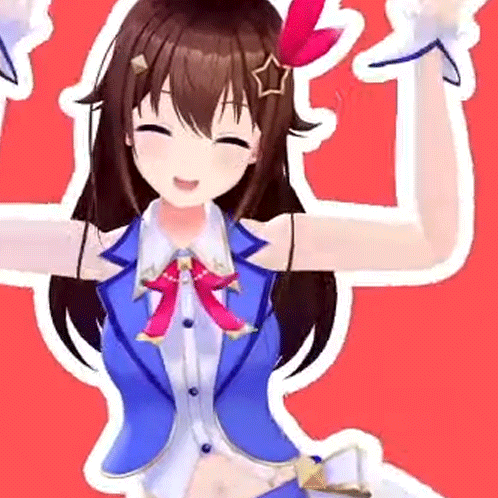a close up of a 3d anime girl in a blue vest with a red bow .