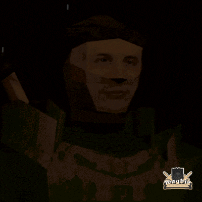 a low poly drawing of a man with a green sweater and a logo that says magdry