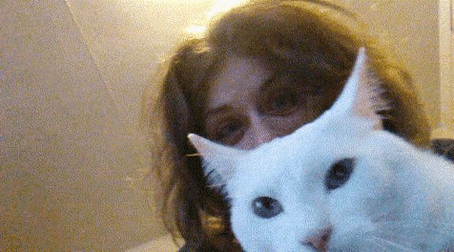 a woman is holding a white cat in her lap