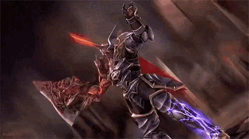 a knight is holding a sword and shield in his hands .