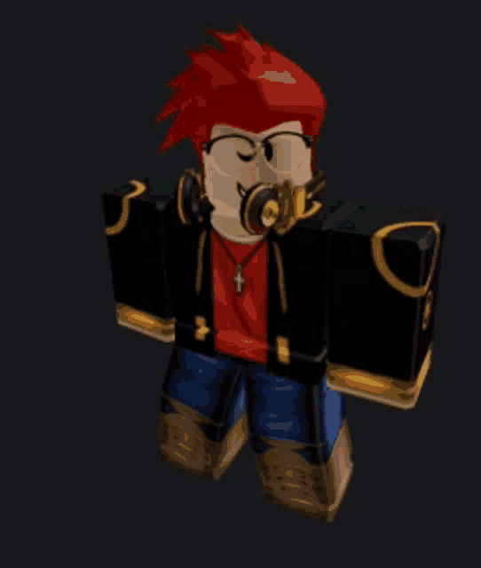 a cartoon character wearing headphones and a cross necklace