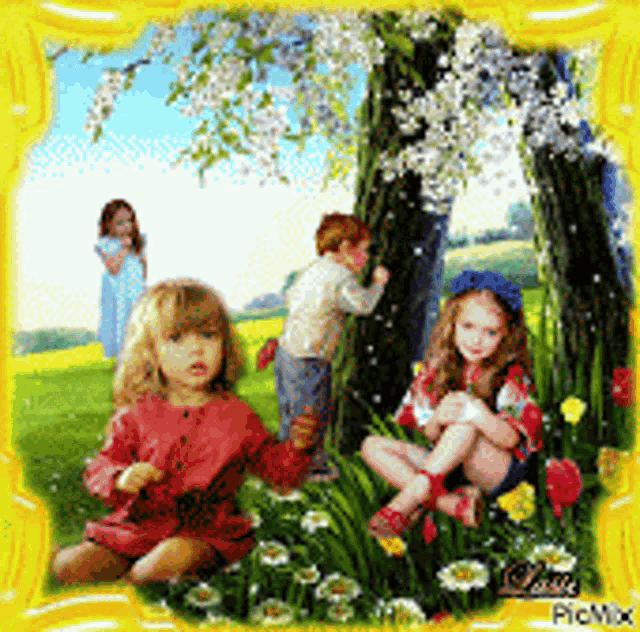 a picture of three children sitting under a tree with flowers