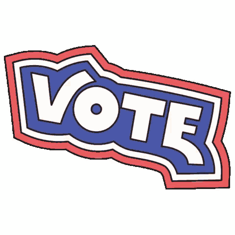 a red white and blue sticker with the word vote on it