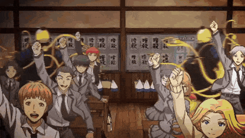 a group of anime characters in a classroom with chinese writing on the walls