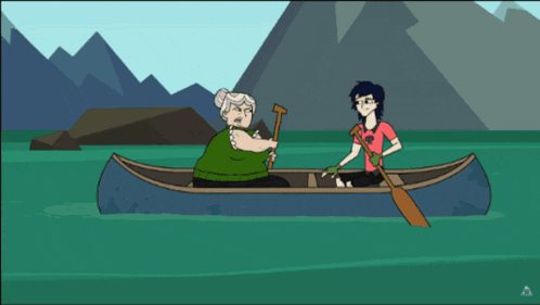a cartoon of an elderly woman rowing a canoe with a younger woman laying on the back