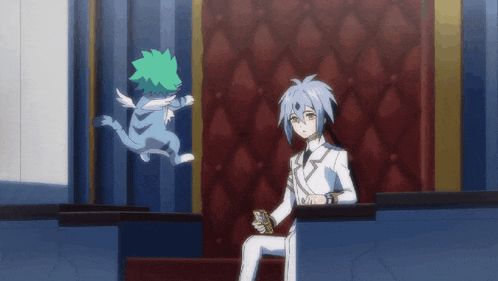 a man sitting on a throne with a cat flying in the background