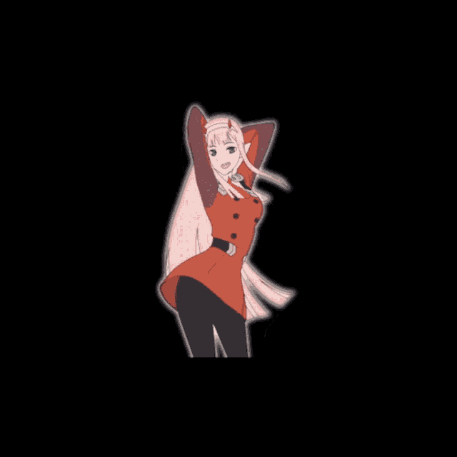 zero two from darling in the franxx is dancing with her hands in the air .