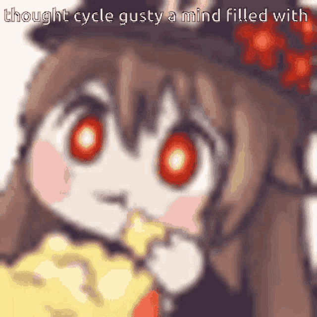a cartoon of a girl with red eyes and the words thought cycle gusty a mind filled with .