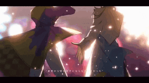 a couple of anime characters holding hands with chinese writing in the background .