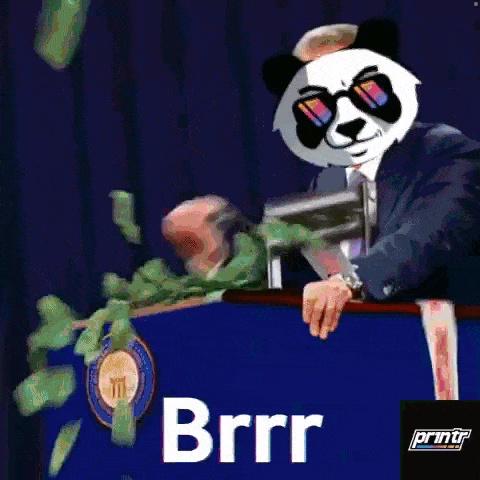 a panda wearing sunglasses and a suit is holding a gun and says brrr