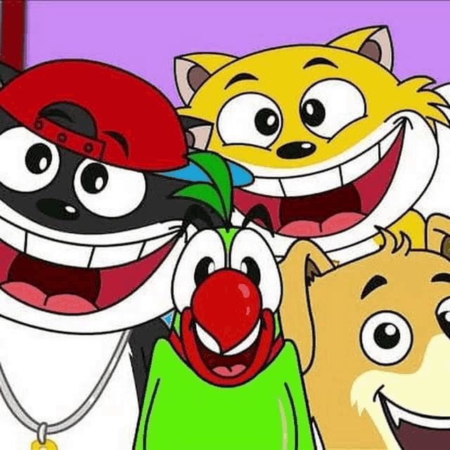 a group of cartoon animals are posing for a picture together and smiling .
