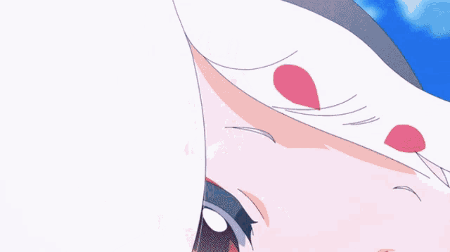 a close up of a girl 's face with white hair and orange eyes