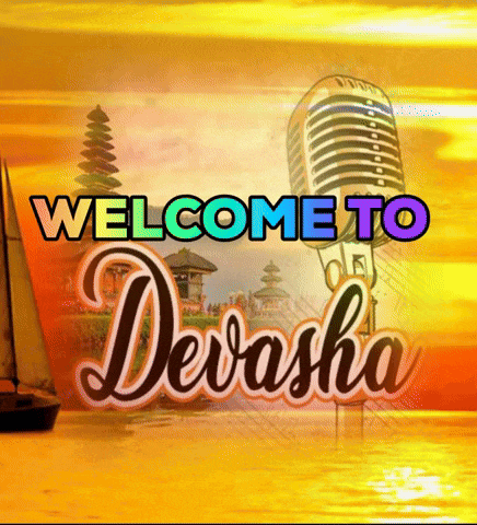 a sign that says welcome to devasha with a microphone in the foreground