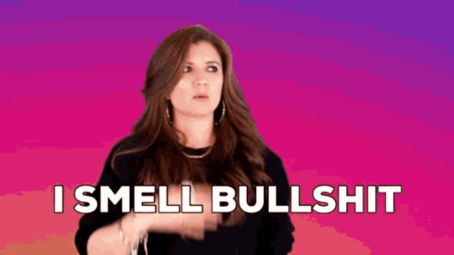 a woman is saying i smell bullshit in front of a pink and purple background .