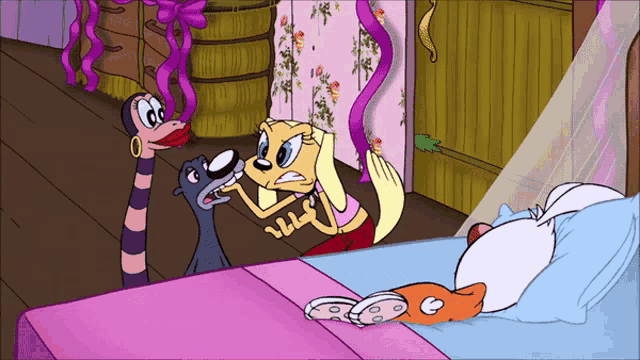 a cartoon drawing of a dog laying on a bed with two other cartoon characters