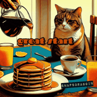 a cat sits at a table with pancakes and coffee with the words great start written on the bottom