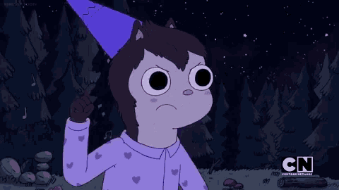 a cartoon character with a purple hat is pointing at something